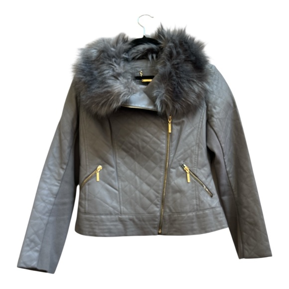 IMAN Gunmetal Gray Quilted Leather Jacket with Faux Fur Collar Moto - Picture 3 of 10